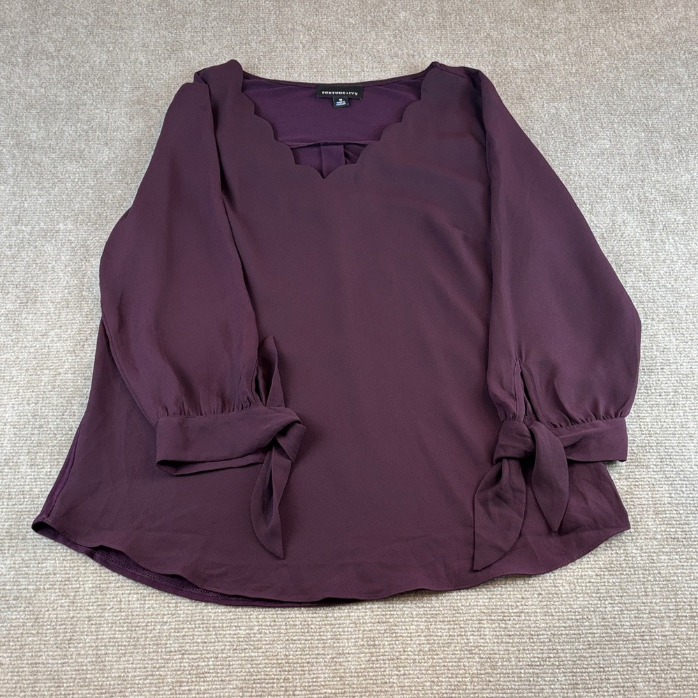 Fortune + Ivy Scalloped V-Neck 3/4 Tie Sleeves Deep Purple Blouse Size M NWOT